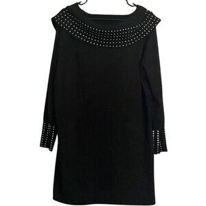 Questions Black Knit Cowl Neck Tunic Stud Accents Side Vents